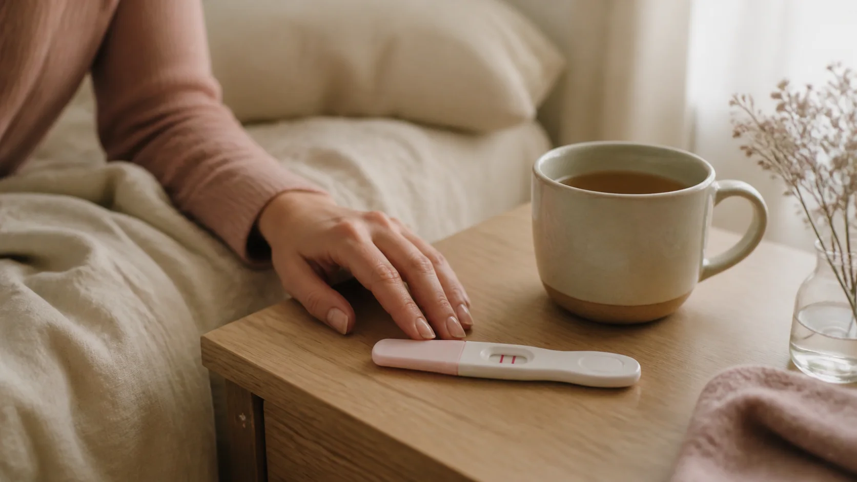 Matinée calme avec une tasse de thé et un test de grossesse sur la table