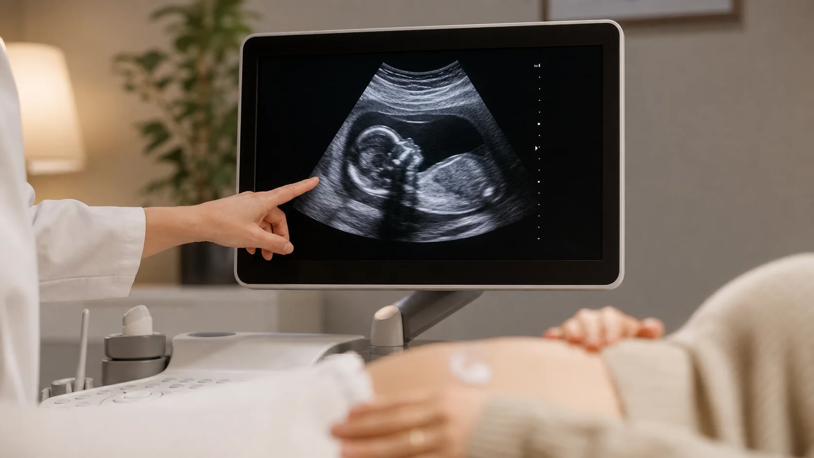 An ultrasound image on a screen in a softly lit consulting room