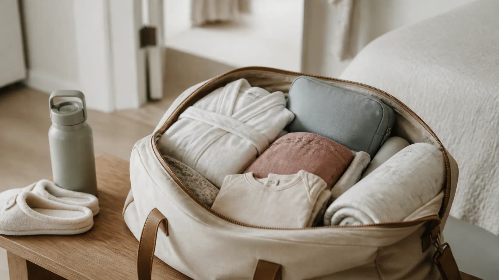 Valise de maternité préparée avec des vêtements de bébé pliés à côté