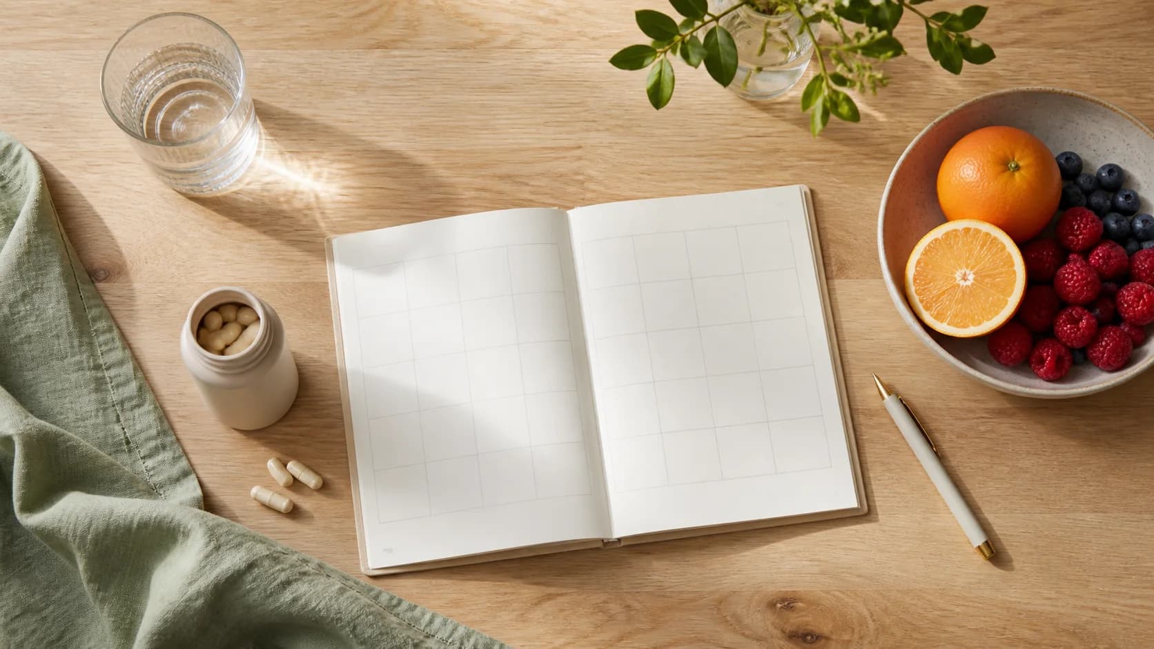 A calendar, a glass of water and a bowl of fruit on a kitchen table