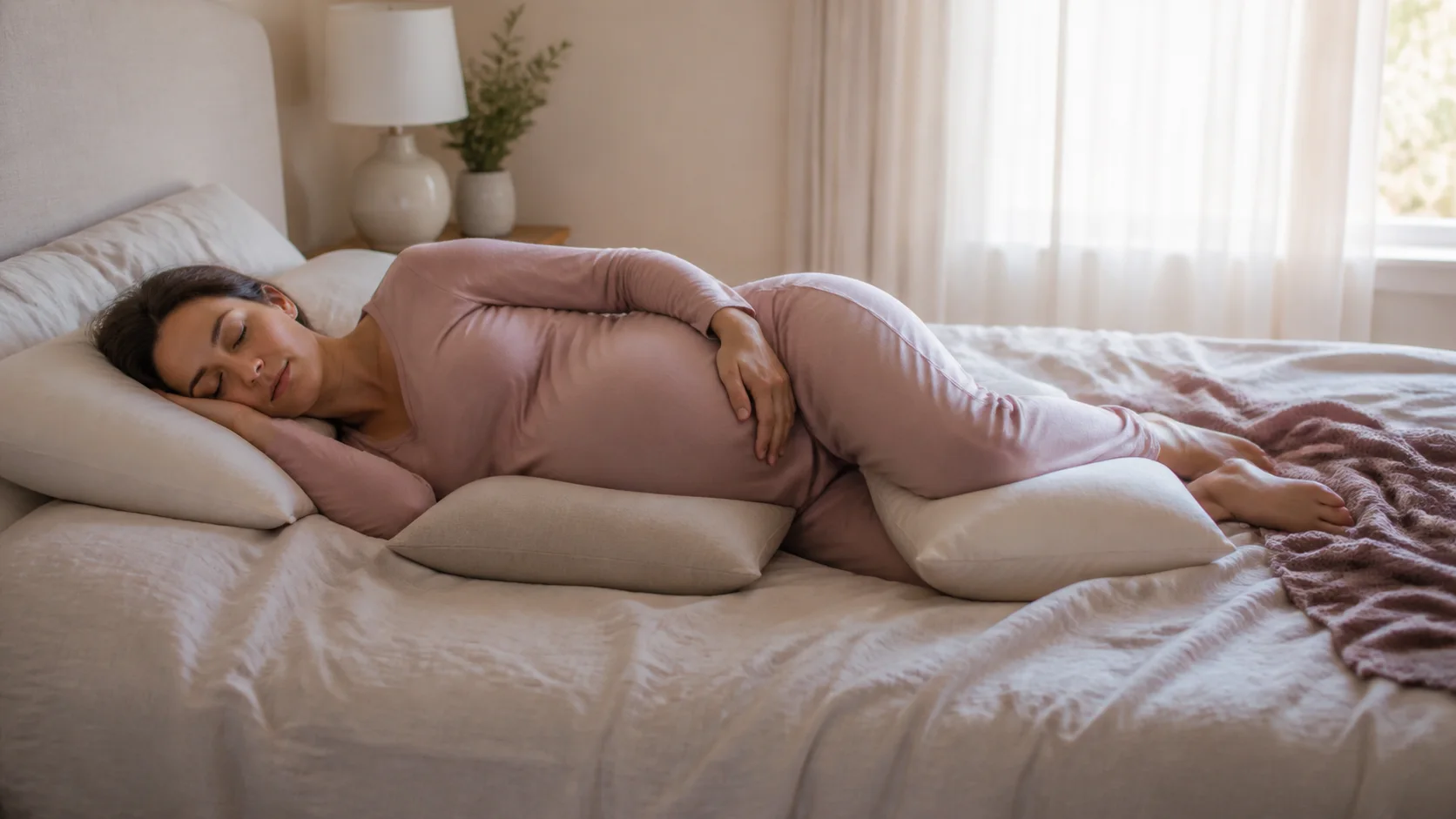 A softly lit bedroom with pillows arranged for side sleeping